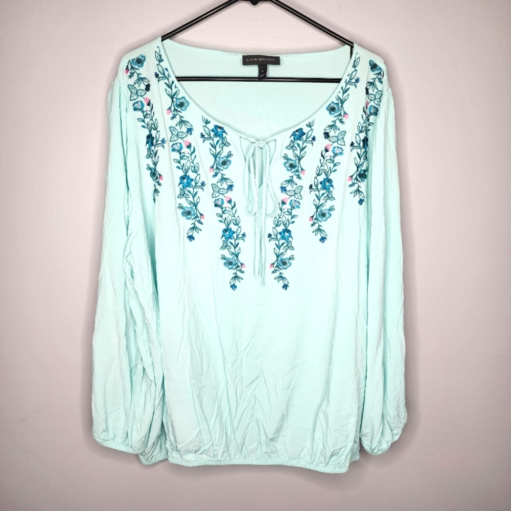 Lane Bryant Turquoise Floral Embroidered Long Sleeve Blouse Size 24